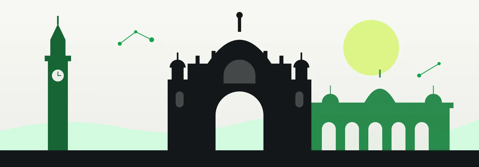 Lucknow skyline illustration with Rumi Darwaza, Bara Imambara and the Hussainabad Clock Tower