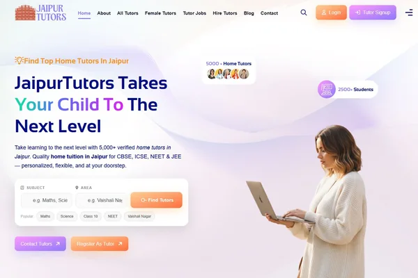 Screenshot of the Jaipur Tutors website (jaipurtutors.com) built by SEOScaller